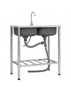 Lavello da Campeggio Vasca Doppia con Rubinetto in Acciaio Inox 2