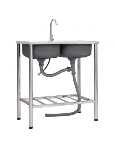 Lavello da Campeggio Vasca Doppia con Rubinetto in Acciaio Inox