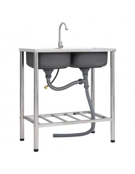 Lavello da Campeggio Vasca Doppia con Rubinetto in Acciaio Inox