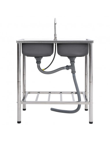 Lavello da Campeggio Vasca Doppia con Rubinetto in Acciaio Inox