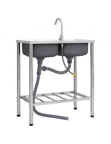 Lavello da Campeggio Vasca Doppia con Rubinetto in Acciaio Inox