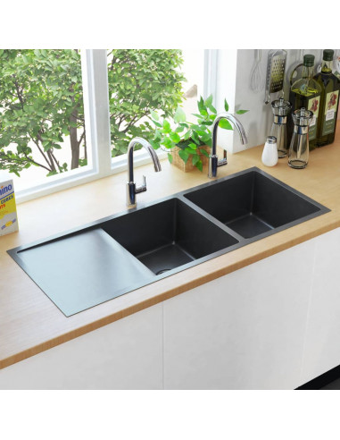 Lavello da Cucina Lavorato a Mano Nero in Acciaio Inox