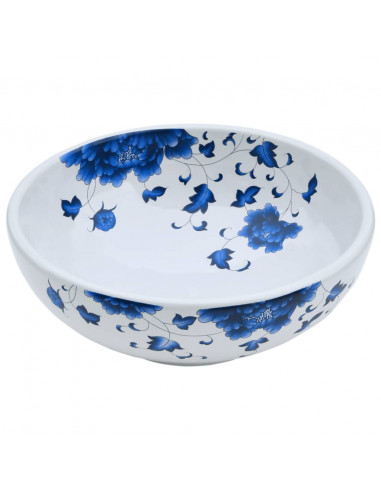 Lavabo da Appoggio Bianco e Blu Rotondo Φ41x14 cm Ceramica