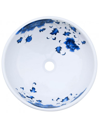 Lavabo da Appoggio Bianco e Blu Rotondo Φ41x14 cm Ceramica