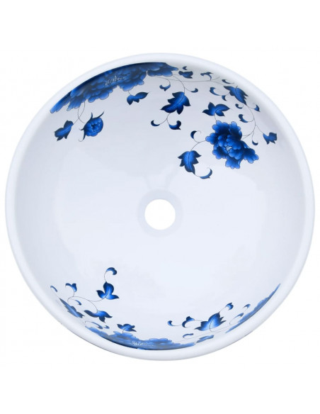 Lavabo da Appoggio Bianco e Blu Rotondo Φ41x14 cm Ceramica