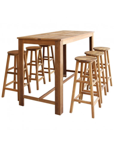 Tavolo e Sgabelli Bar Set 7 pz in Legno Massello di Acacia
