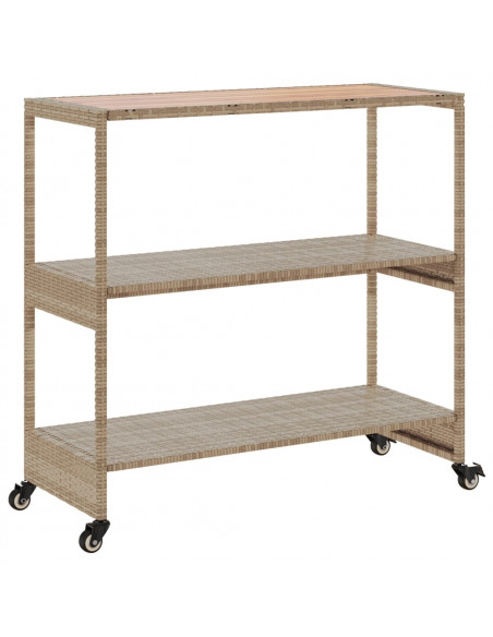 Carrello da Bar 3 Livelli Beige in Polyrattan e Massello Acacia