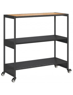 Carrello da Bar 3 Livelli Nero in Polyrattan e Legno Acacia 2