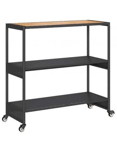 Carrello da Bar 3 Livelli Nero in Polyrattan e Legno Acacia