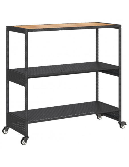 Carrello da Bar 3 Livelli Nero in Polyrattan e Legno Acacia