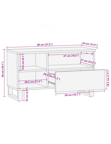Mobile Porta TV 80x34x46 cm in Legno Massello di Acacia