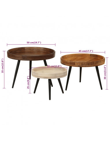 Tavolini Rotondi 3 pz in Legno Massello di Mango