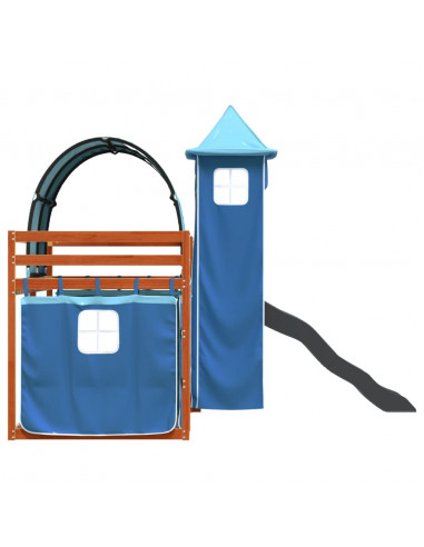 Letto a Castello con Scivolo e Tende Blu 90x200 cm