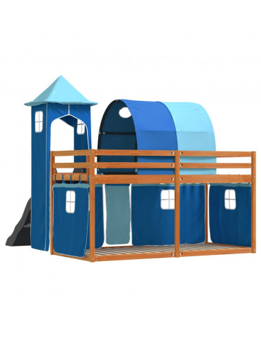 Letto a Castello con Scivolo e Tende Blu 90x200 cm