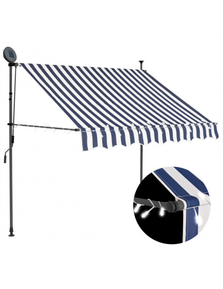 Tenda da Sole Retrattile Manuale con LED 150 cm Blu e Bianca