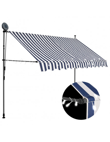 Tenda da Sole Retrattile Manuale con LED 300 cm Blu e Bianca