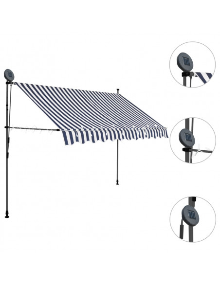 Tenda da Sole Retrattile Manuale con LED 300 cm Blu e Bianca