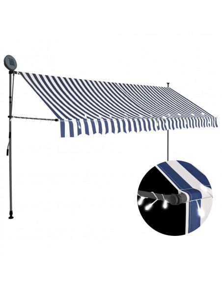 Tenda da Sole Retrattile Manuale con LED 350 cm Blu e Bianca