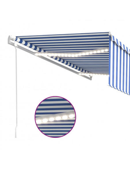 Tenda Automatica Parasole LED Sensore Vento 5x3 m Blu Bianco
