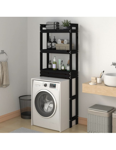 Rastrelliera da Bagno Nera 63x26x171 cm Legno Massello Pino