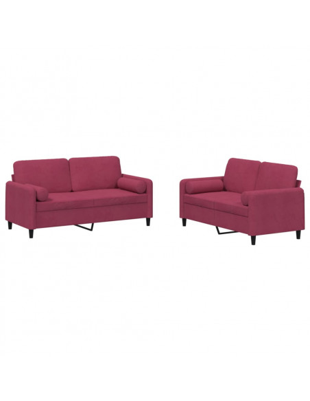 Set di Divani 2 pz con Cuscini Rosso Vino in Velluto