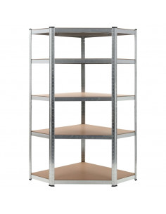 Scaffale Angolare 5 Ripiani Argento Acciaio e Legno Multistrato 2