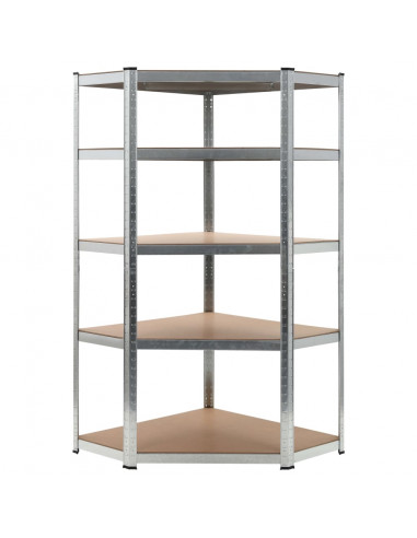 Scaffale Angolare 5 Ripiani Argento Acciaio e Legno Multistrato