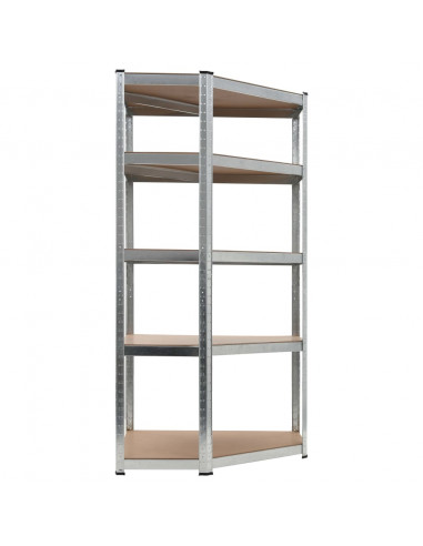Scaffale Angolare 5 Ripiani Argento Acciaio e Legno Multistrato