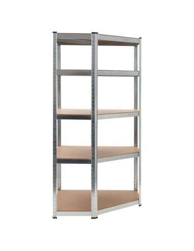 Scaffale Angolare 5 Ripiani Argento Acciaio e Legno Multistrato