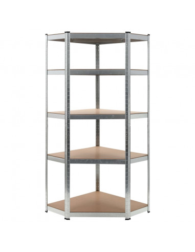 Scaffale Angolare 5 Ripiani Argento Acciaio e Legno Multistrato