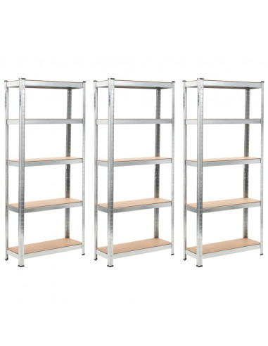 Scaffali 5 Ripiani 3 pz Argento in Acciaio e Legno Multistrato