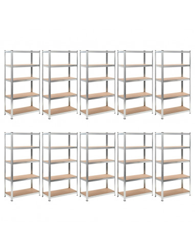 Scaffali Resistenti 5 Strati 10pz Argento Acciaio e Multistrato