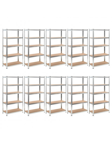Scaffali Resistenti 5 Strati 10pz Argento Acciaio e Multistrato