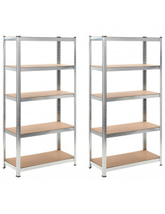 Scaffali Resistenti 5 Strati 2 pz Argento Acciaio e Multistrato 2