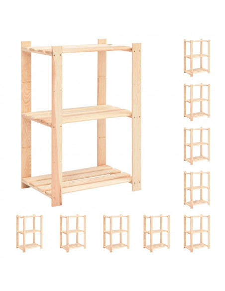 Scaffali a 3 Livelli 10 pz 60x38x90 cm in Massello Pino 150 kg