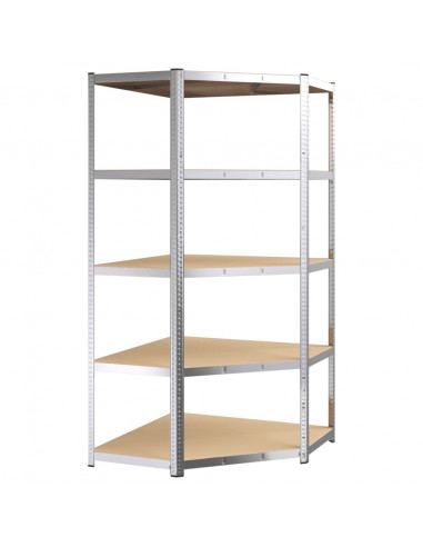 Scaffale Angolare Resistente 5 Strati Argento Acciaio e Legno