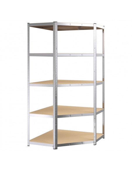 Scaffale Angolare Resistente 5 Strati Argento Acciaio e Legno