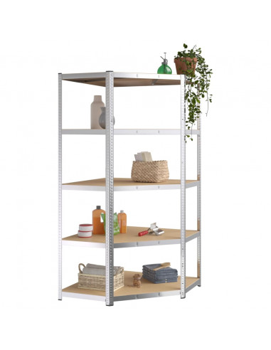 Scaffale Angolare Resistente 5 Strati Argento Acciaio e Legno