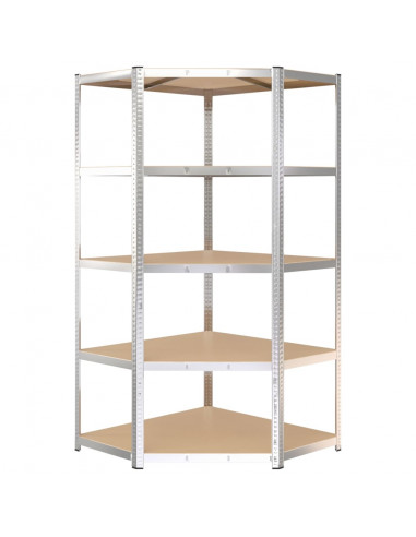 Scaffale Angolare Resistente 5 Strati Argento Acciaio e Legno