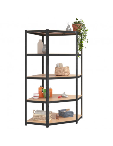 Scaffale Angolare Resistente 5 Ripiani Grigio Acciaio e Legno