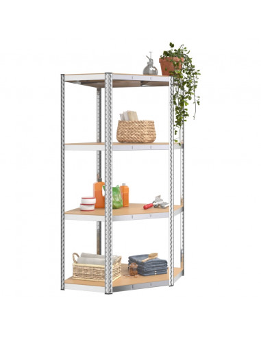 Mensola Angolare 4 Ripiani Argento Acciaio e Legno Multistrato