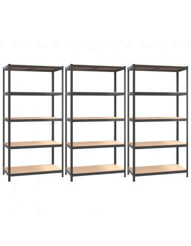 Mensole 5 Strati 3 pz Antracite in Acciaio e Legno Multistrato