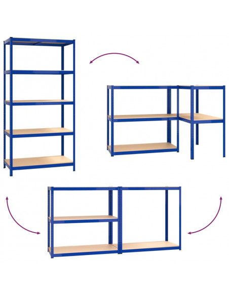 Scaffali a 5 Ripiani 3 pz Blu in Acciaio e Legno Multistrato