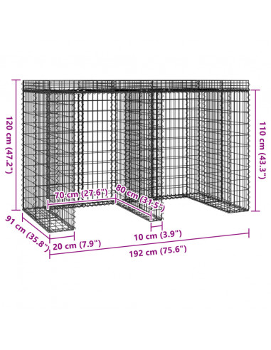 Parete Gabbioni Bidone Spazzatura 192x91x120 cm Ferro Zincato