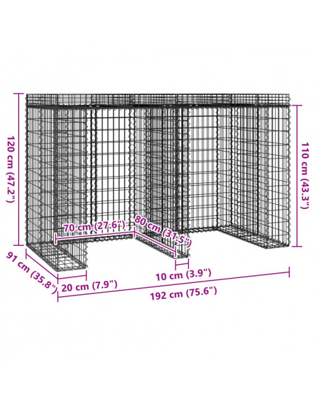Parete Gabbioni Bidone Spazzatura 192x91x120 cm Ferro Zincato