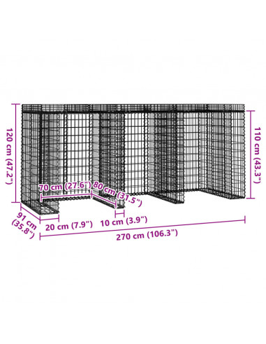 Parete Gabbioni Bidone Spazzatura 270x91x120 cm Ferro Zincato