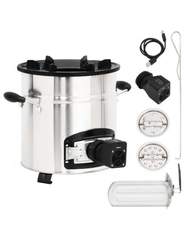 Stufa a Legna con Ventola USB Argento 35,5x26x28cm Acciaio Inox