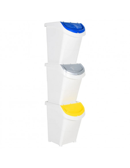 Cestini per Rifiuti Impilabili con Coperchi 3pz Bianchi PP 120L