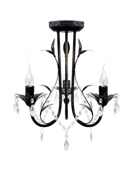 Lampadario Art Nouveau Nero Metallo Perline Cristallo e Lampadine E14