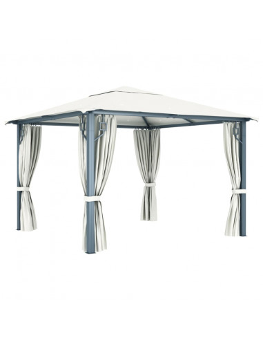 Gazebo con Tende Stringa di Luci LED 300x300 cm Crema Alluminio
